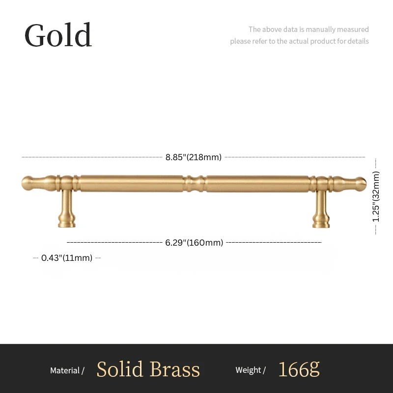 Gold cabinet handle with dimensions and material details on a white background
