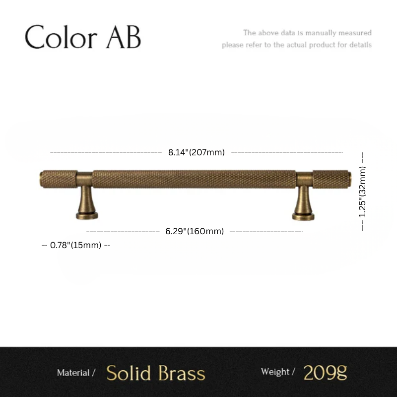 Measurement chart of a solid brass cabinet handle with dimensions and material details.