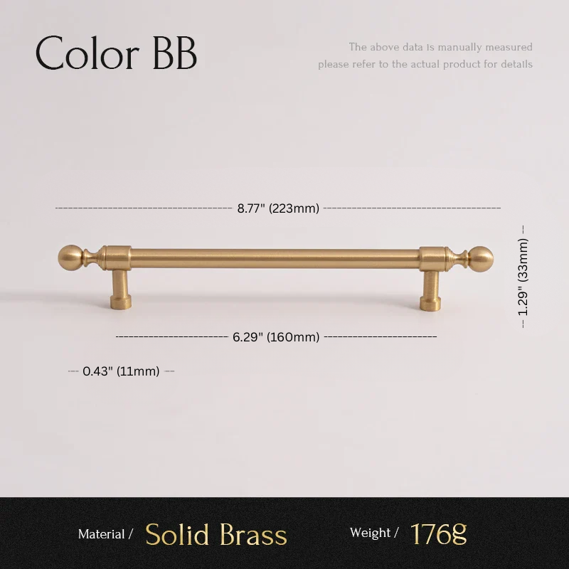 Solid brass cabinet handle with dimensions and material details on a light gray background