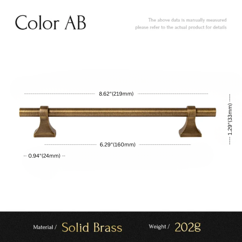 Measurement chart of a solid brass cabinet handle with dimensions and material details.