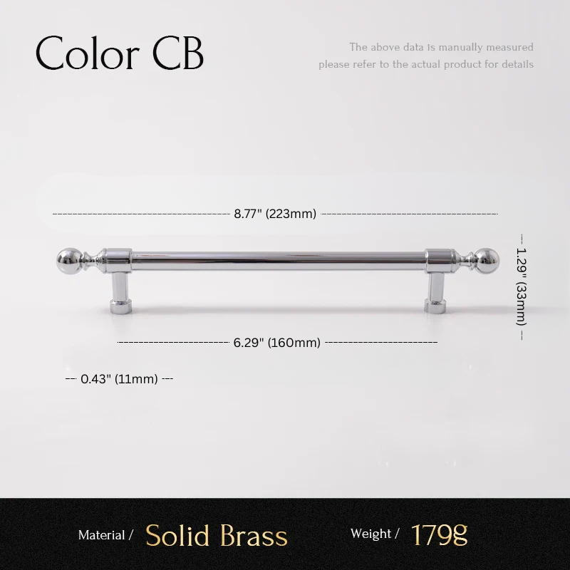 Measurement chart of a solid brass handle with dimensions and material details.