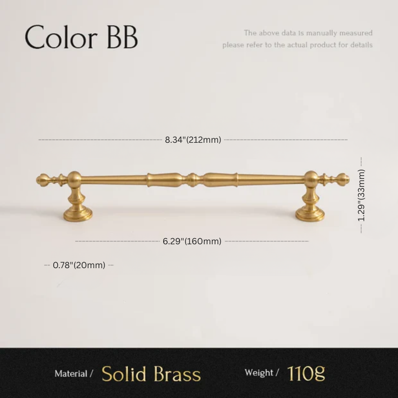 Measurement chart of a solid brass cabinet handle with dimensions and material details.