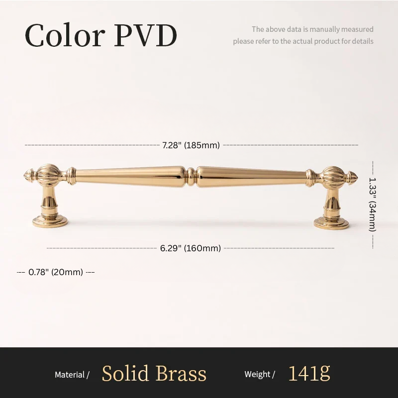 Gold cabinet handle with dimensions and material details on a white background