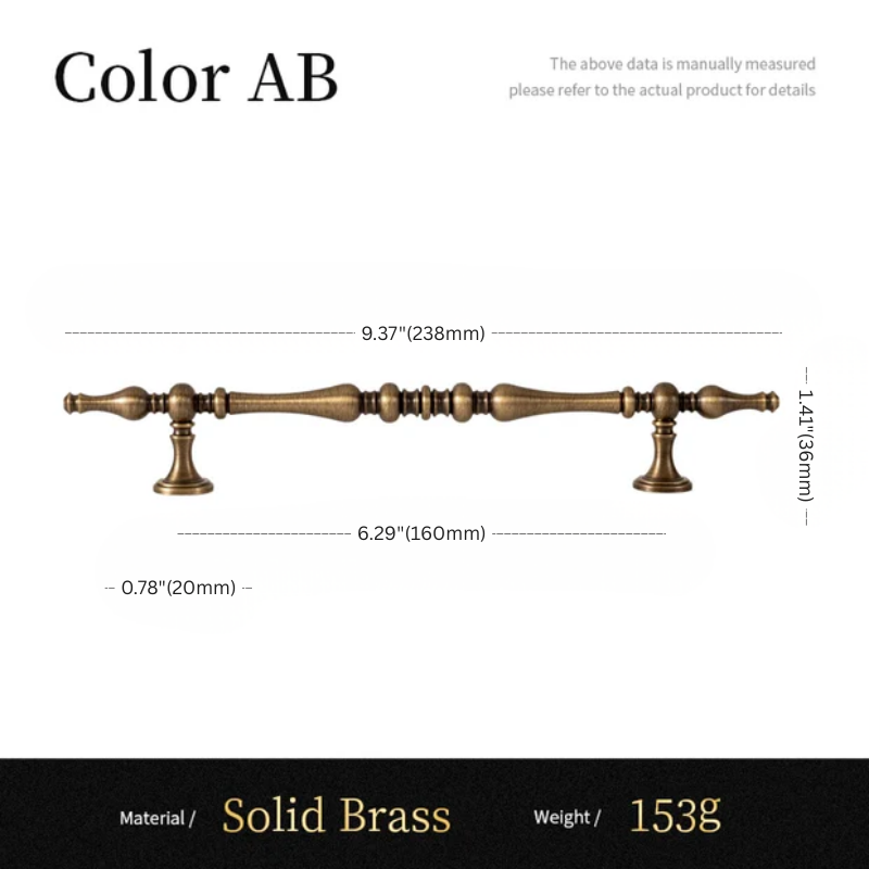 Measurement chart of a solid brass fixture with dimensions and material details.