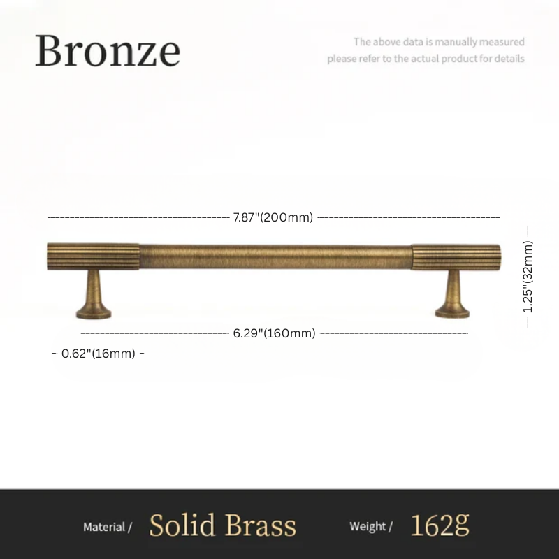 Measurement chart of a bronze cabinet handle with dimensions and material details.