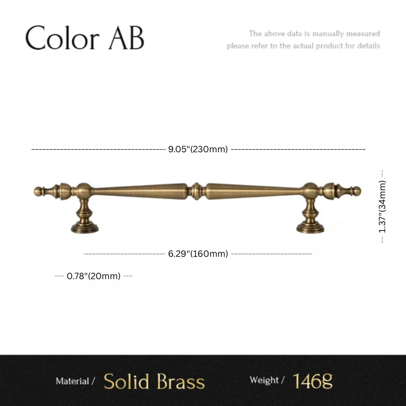 Measurement chart for a solid brass handle with dimensions and material details.