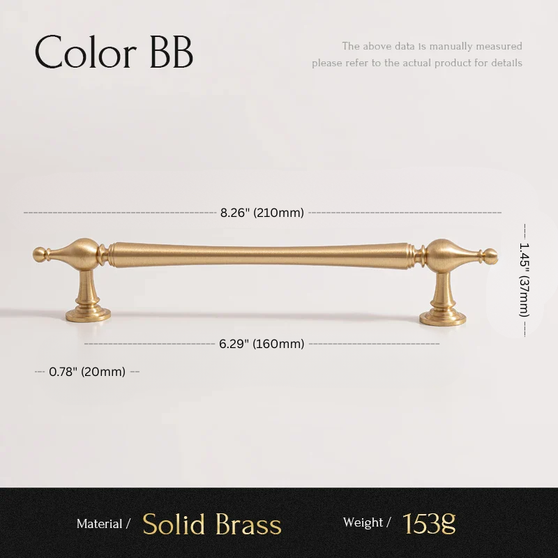Gold cabinet handle with dimensions and material details on a white background