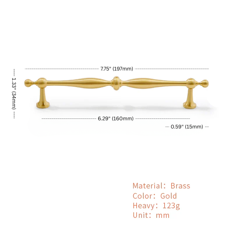 Gold cabinet handle with dimensions and material details on a white background