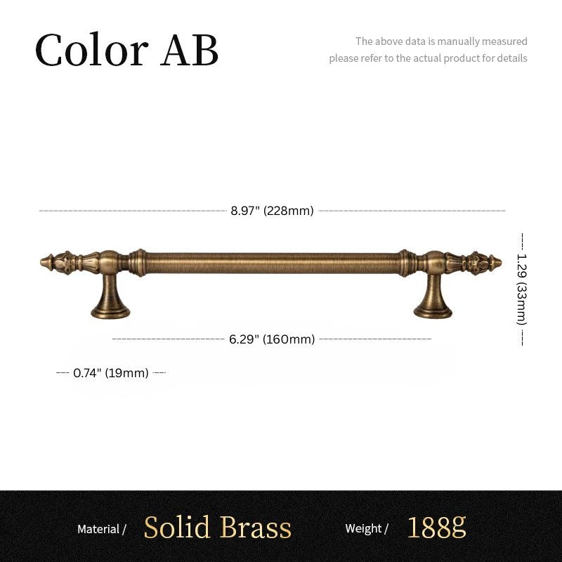Measurement chart of a solid brass cabinet handle with dimensions and material details.