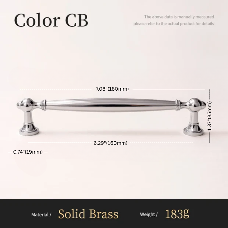 Cabinet handle with dimensions and material details on a light background