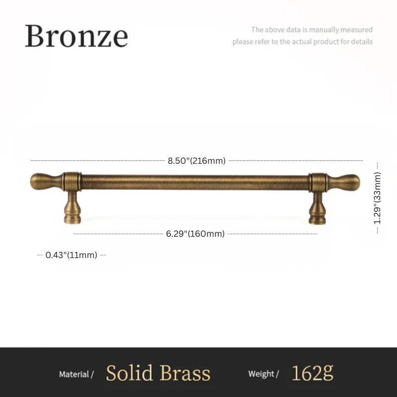 Bronze cabinet handle with dimensions and material details on a white background