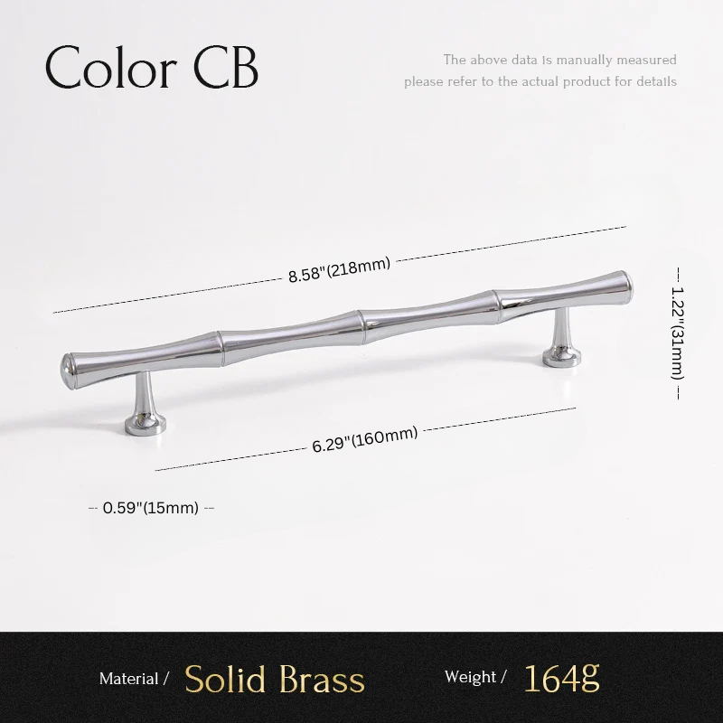 Cabinet handle with dimensions and material details on a white background
