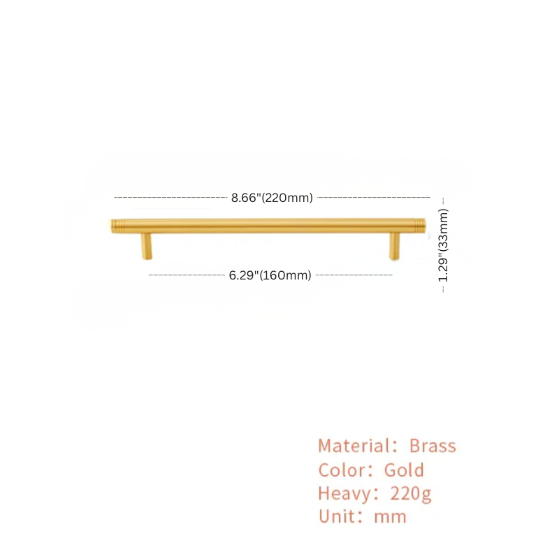 Measurement chart of a gold handle with dimensions and material details on a white background