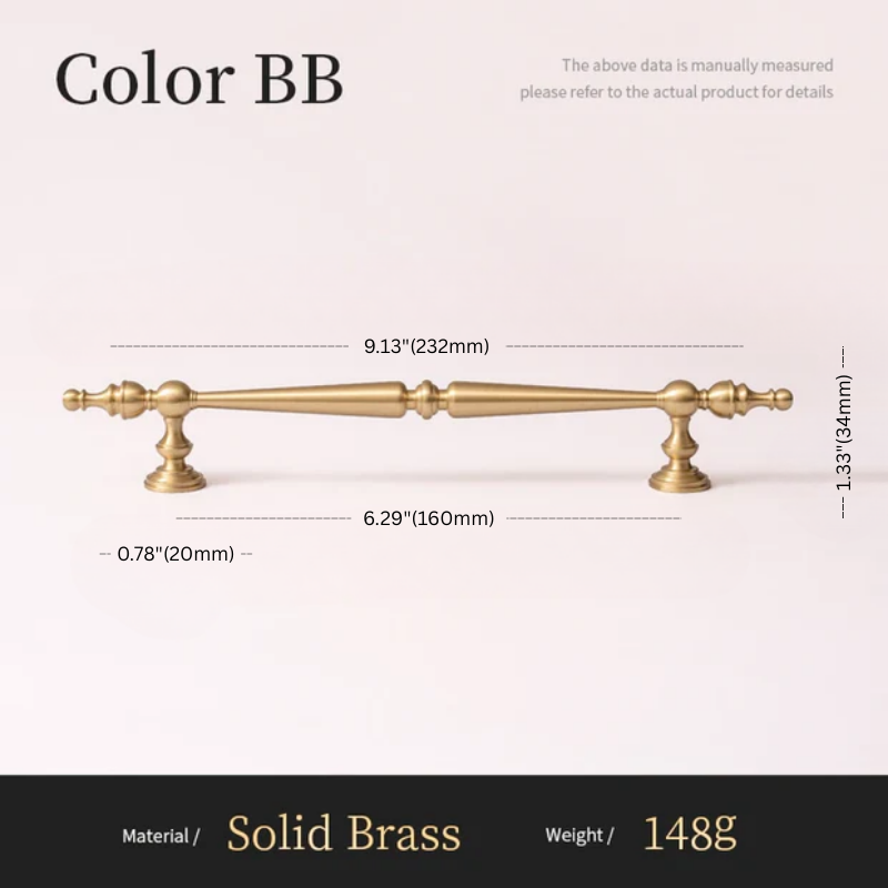 Solid brass handle with measurements on a white background