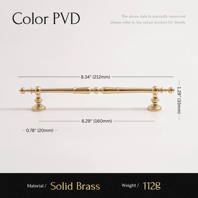 Solid brass handle with dimensions and material details on a white background