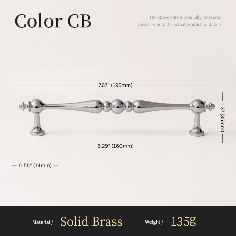 Measurement chart of a solid brass pull handle with dimensions and material details.
