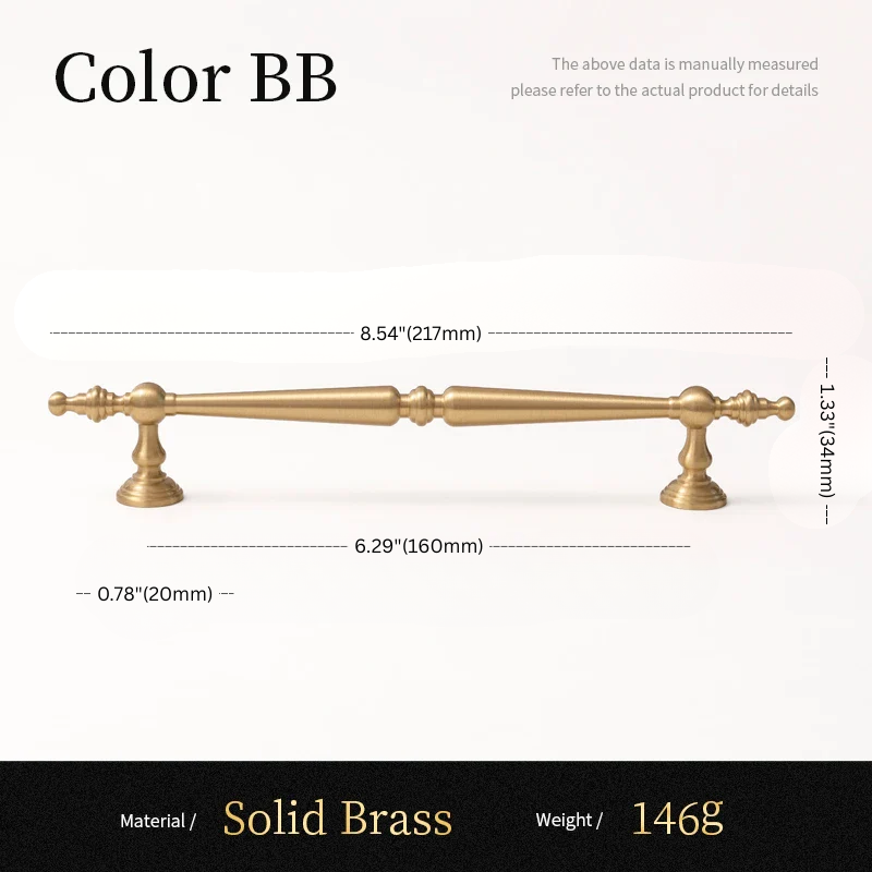 Solid brass cabinet handle with dimensions and material details on a white background
