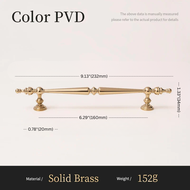 Solid brass handle with dimensions and material details on a light background
