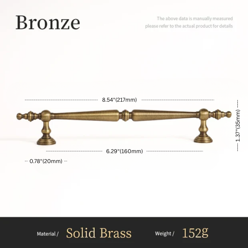 Bronze cabinet knob with measurements on a white background