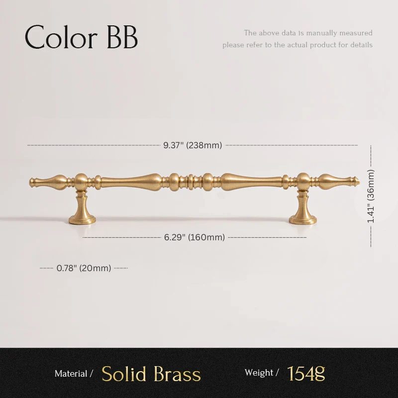 Gold cabinet handle with dimensions and material details on a light gray background