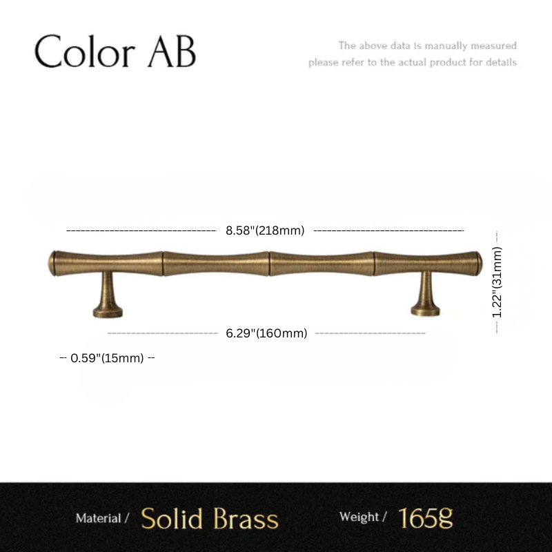 Measurement chart of a solid brass handle with dimensions and material details.