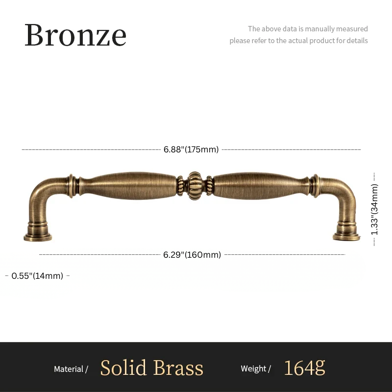 Bronze cabinet handle with dimensions and material details on a white background