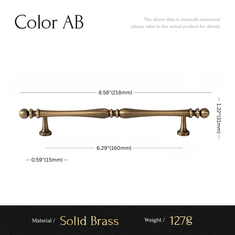 Brass cabinet pull with dimensions and material details on a white background