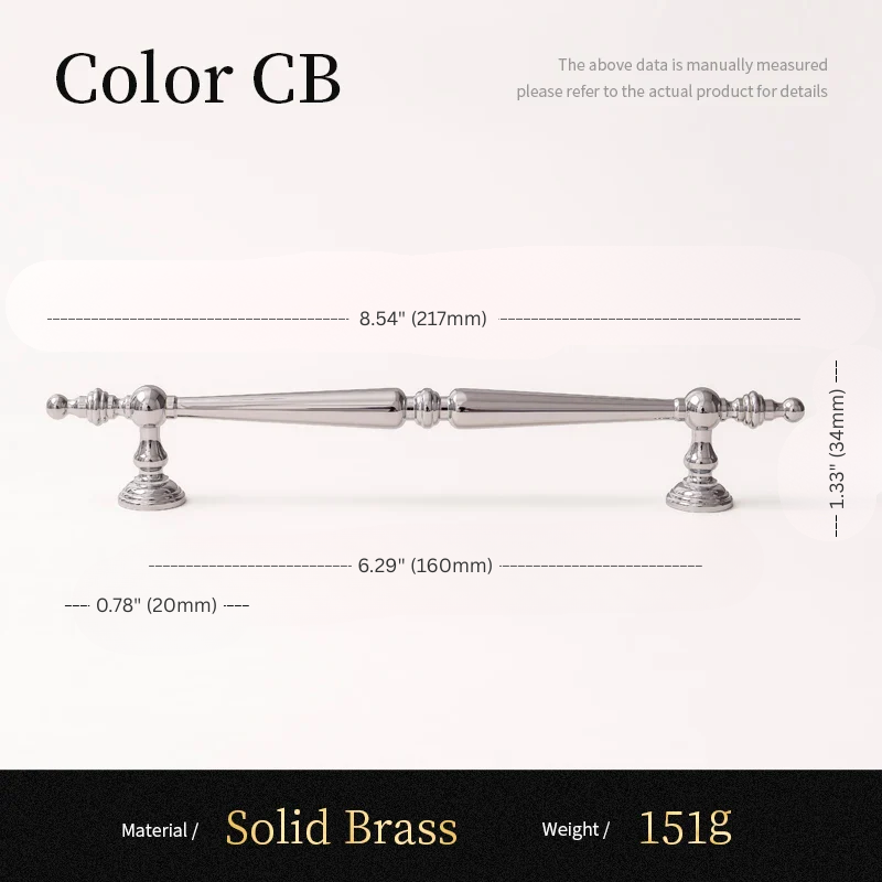 Measurement chart for a solid brass cabinet handle with dimensions and material details.