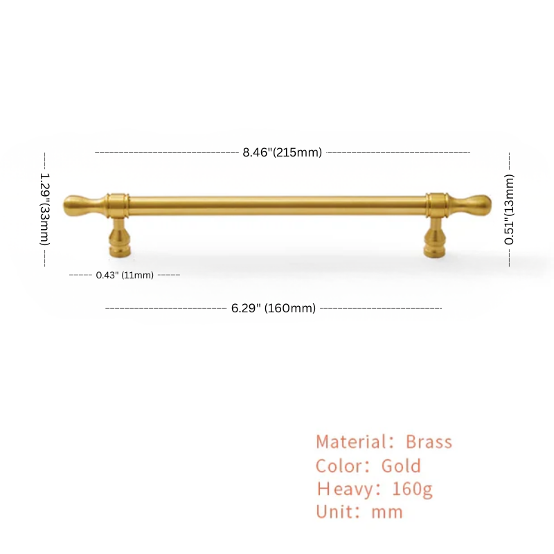 Gold metallic bar with dimensions and material details on a white background