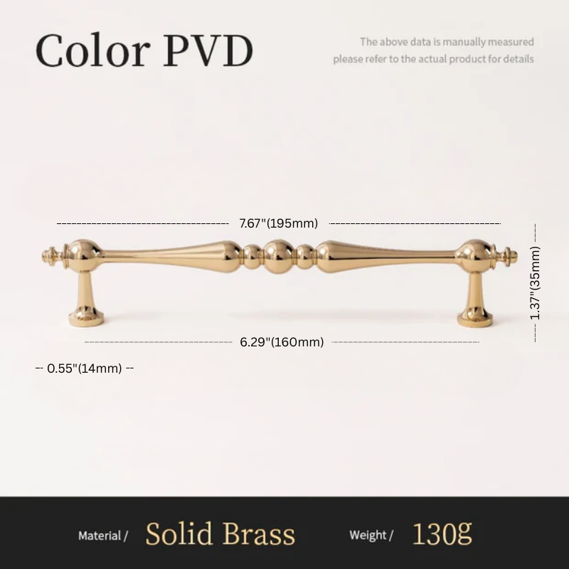 Gold cabinet handle with dimensions and material details on a white background