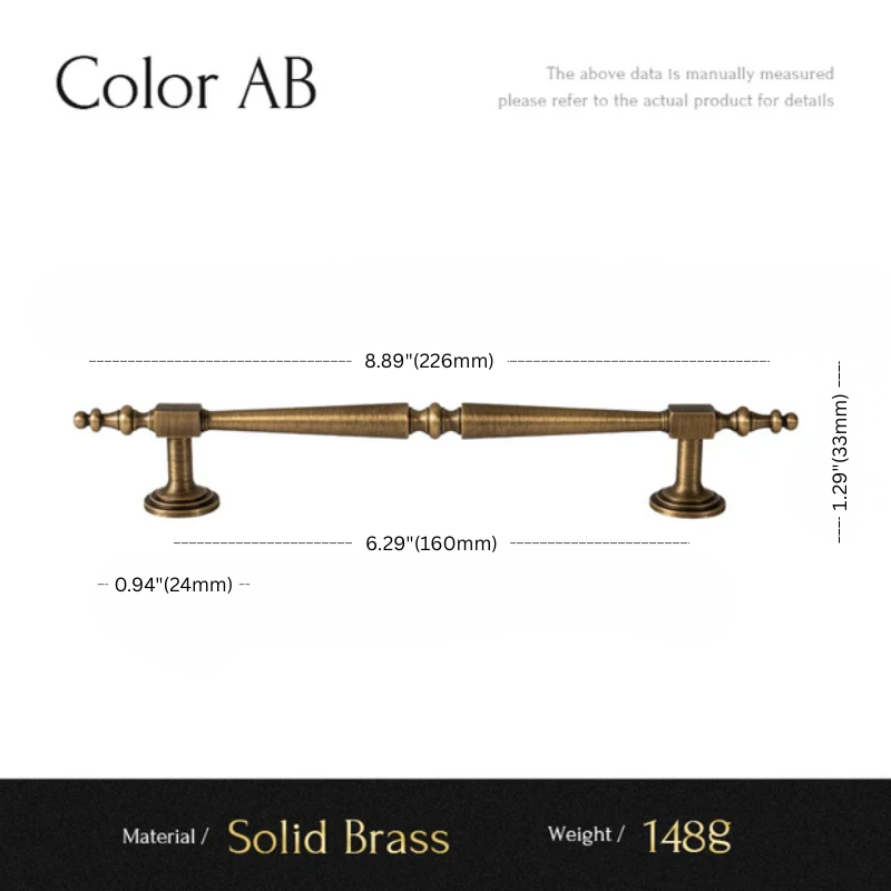 Measurement chart of a solid brass cabinet handle with dimensions and material details.