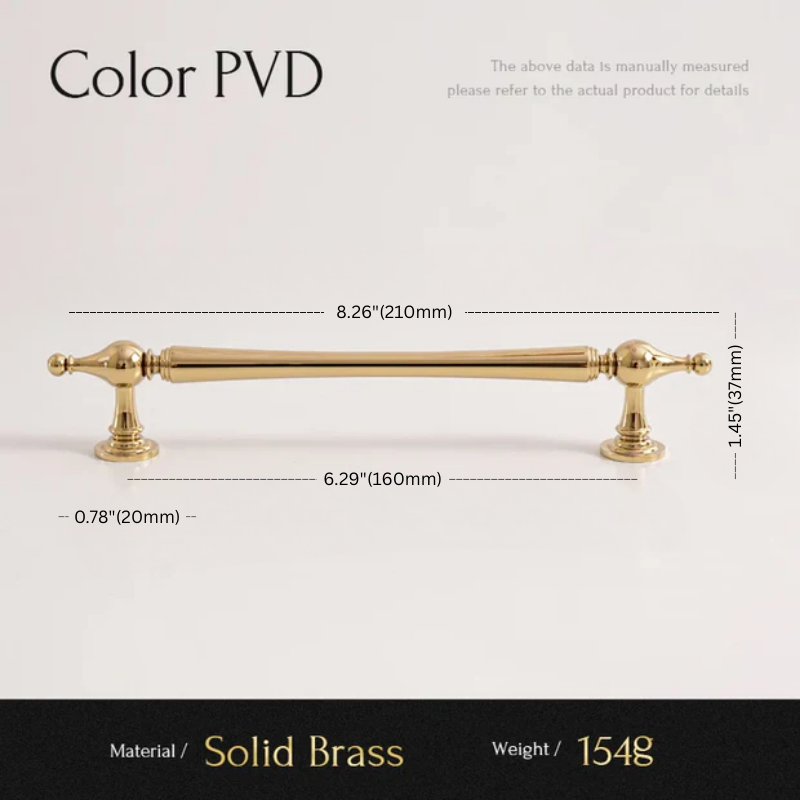 Gold cabinet handle with dimensions and material details on a white background