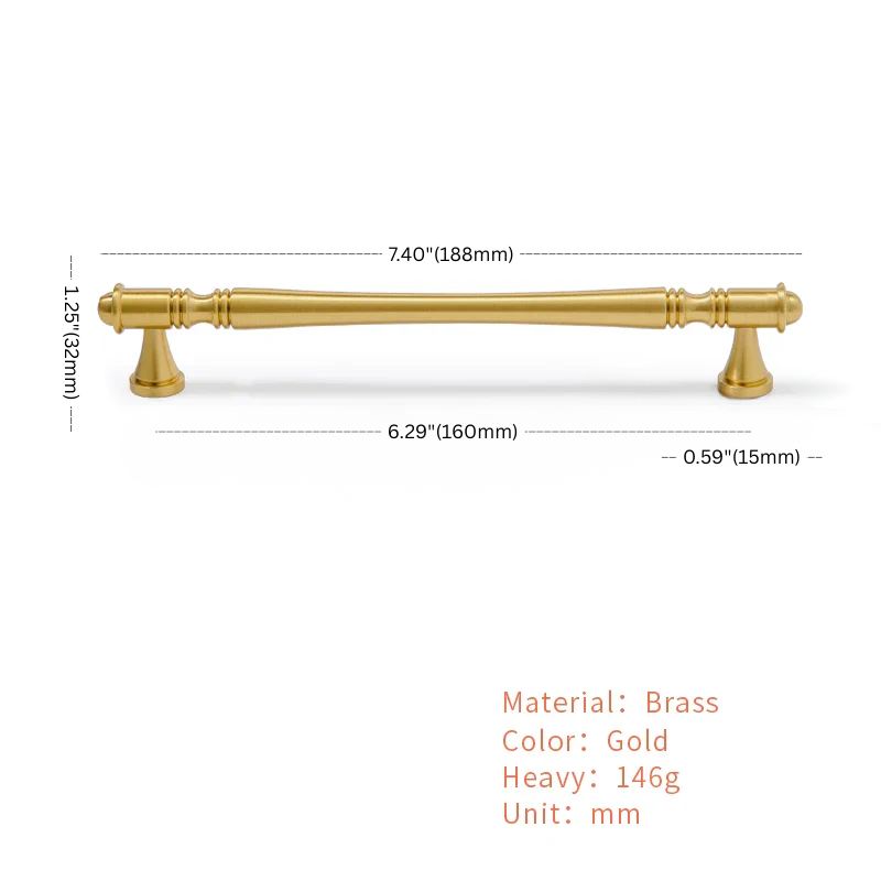 Gold cabinet handle with dimensions and material details on a white background