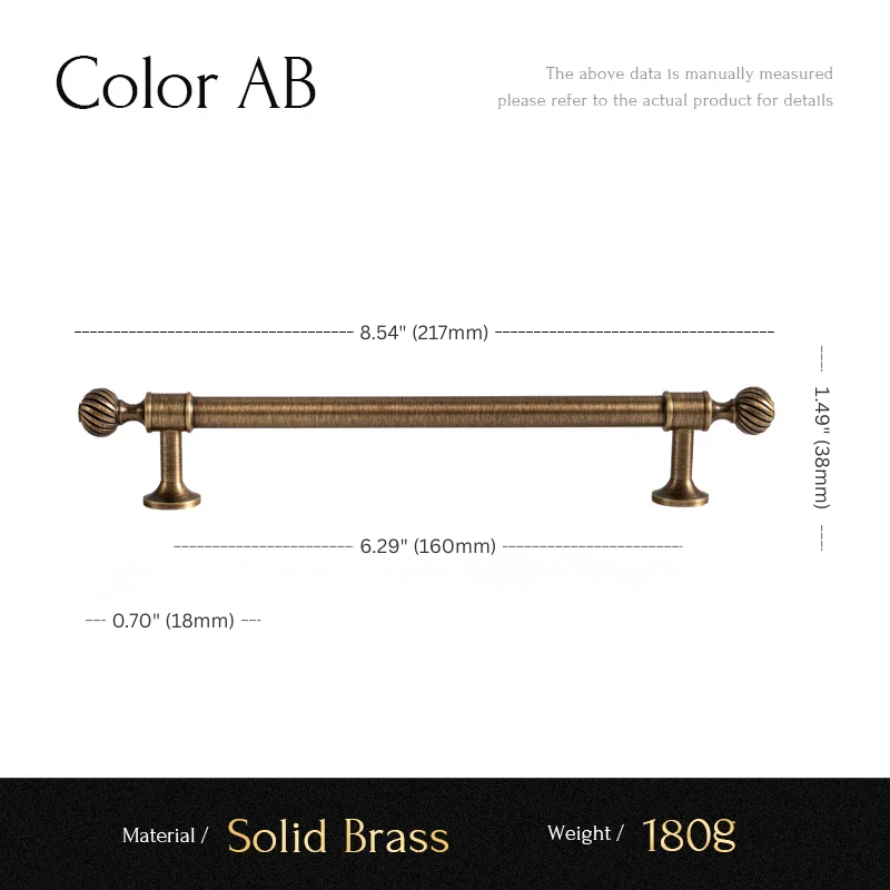 Measurement chart of a solid brass cabinet handle with dimensions and material details.