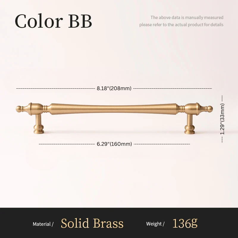 Solid brass cabinet handle with dimensions and material details on a white background