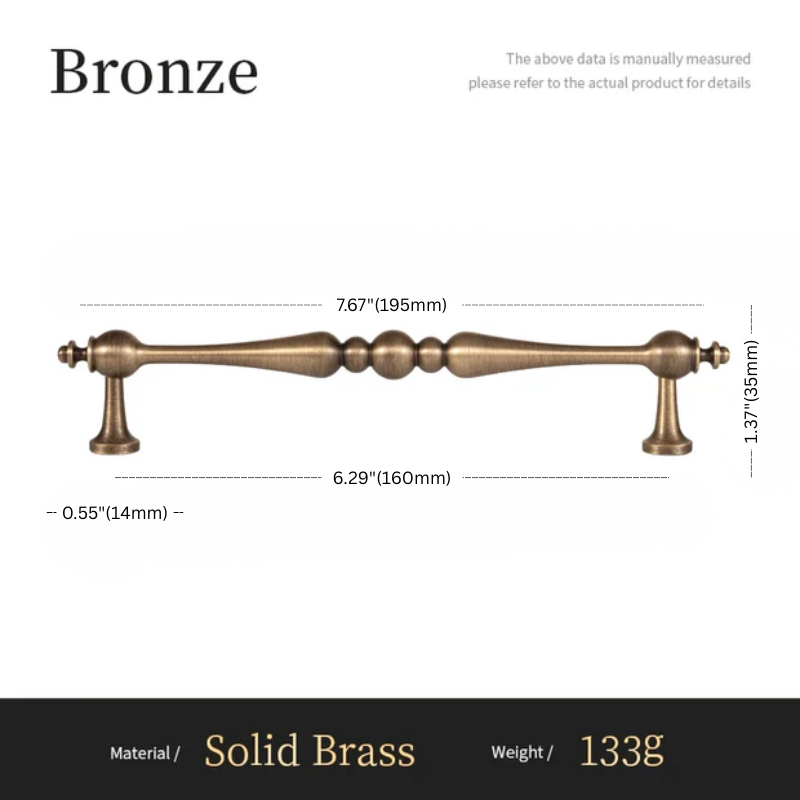 Bronze cabinet handle with dimensions and material details on a white background