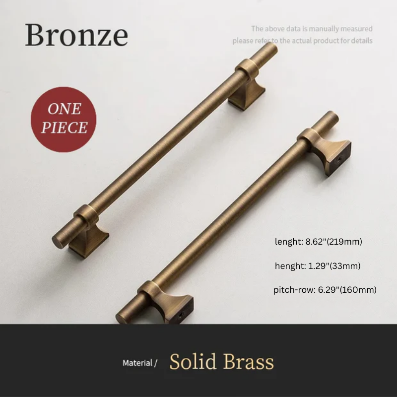Two bronze cabinet handles on a light gray background with product details.