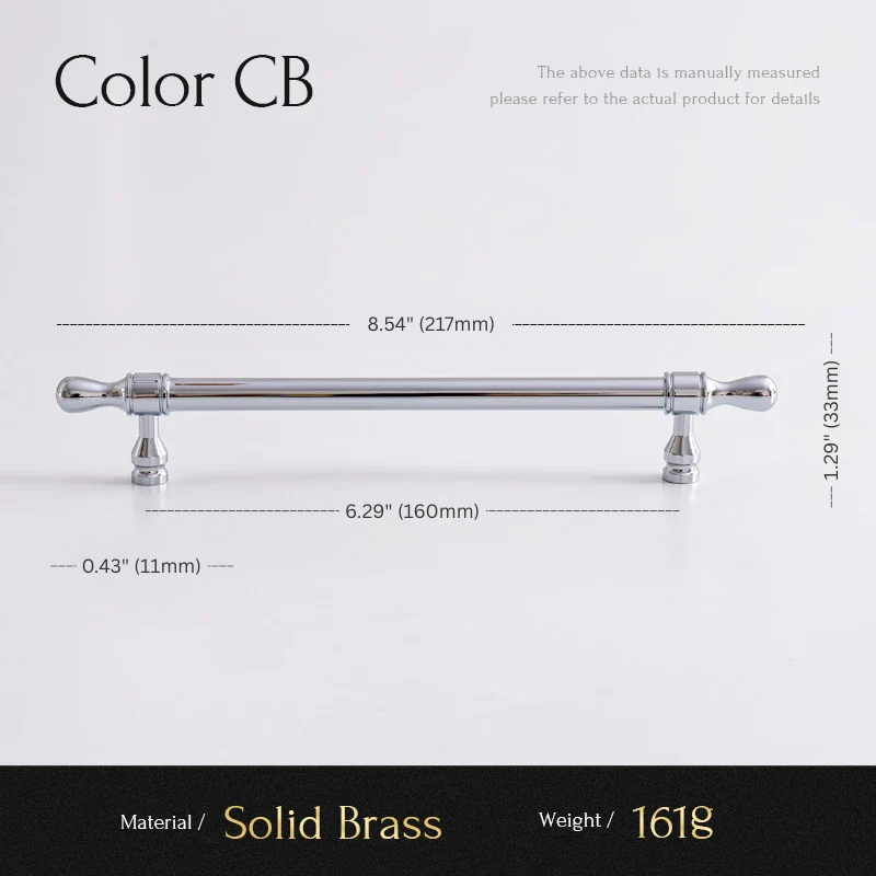 Measurement chart of a solid brass handle with dimensions and material details on a white background.