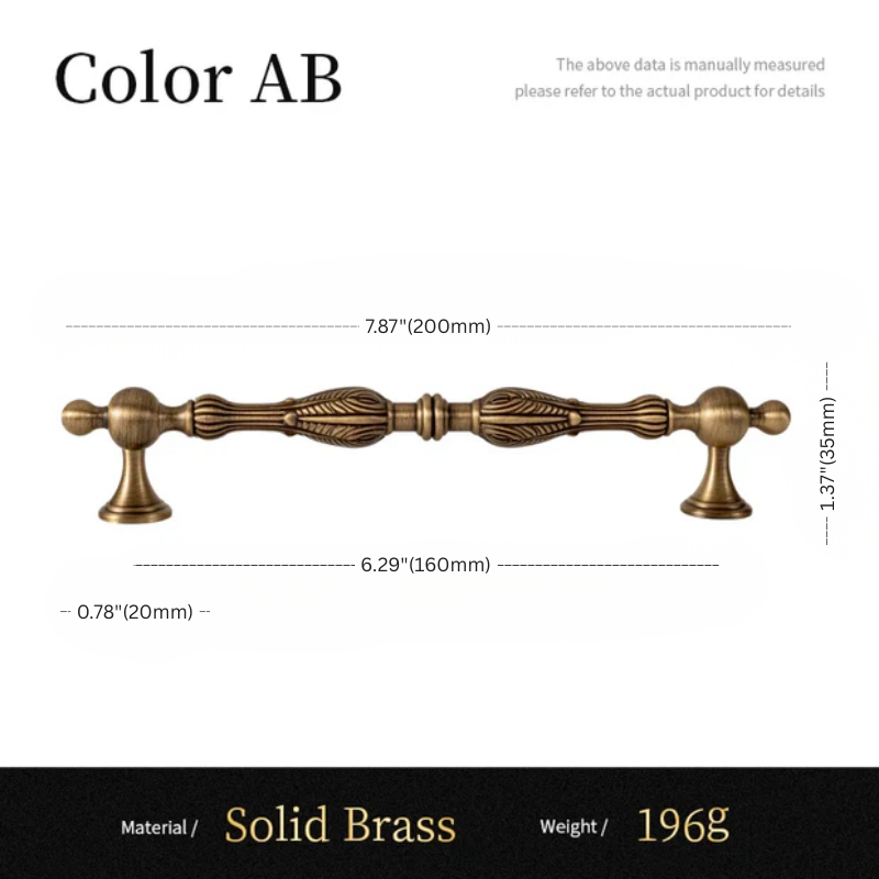 Measurement chart of a solid brass cabinet handle with dimensions and material details.