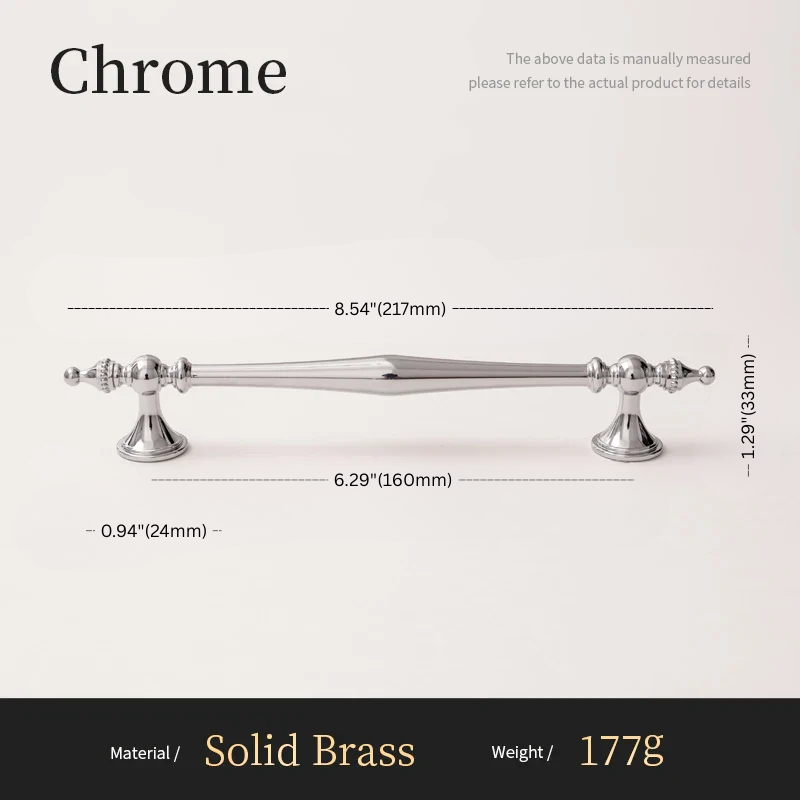 Chrome cabinet handle with dimensions and material details on a white background
