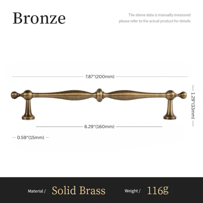 Bronze cabinet handle with dimensions and material details on a white background