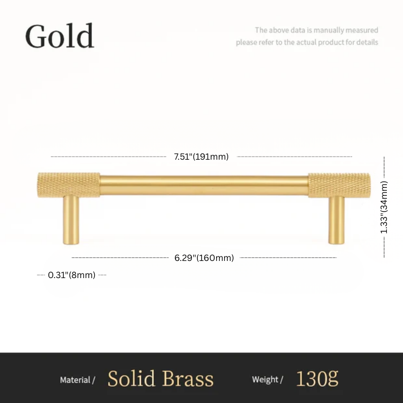 Gold cabinet handle with dimensions and material details on a white background