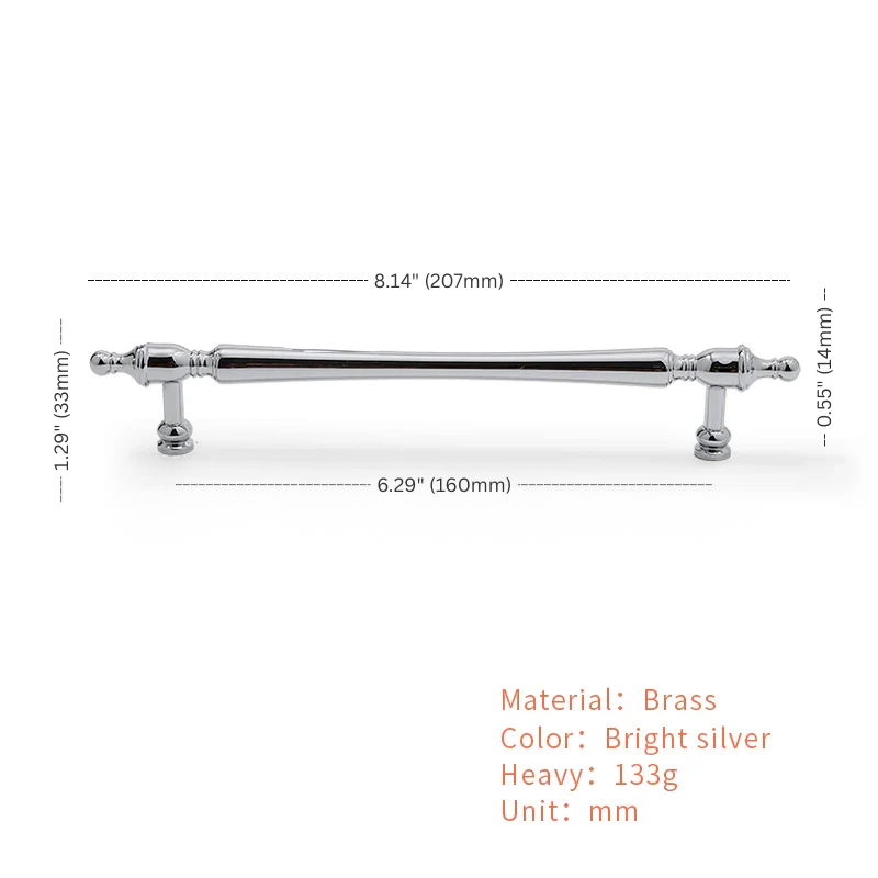 Brass pull handle with dimensions and material details on a white background
