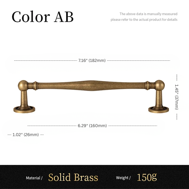 Measurement chart for a solid brass cabinet handle with dimensions and material details.