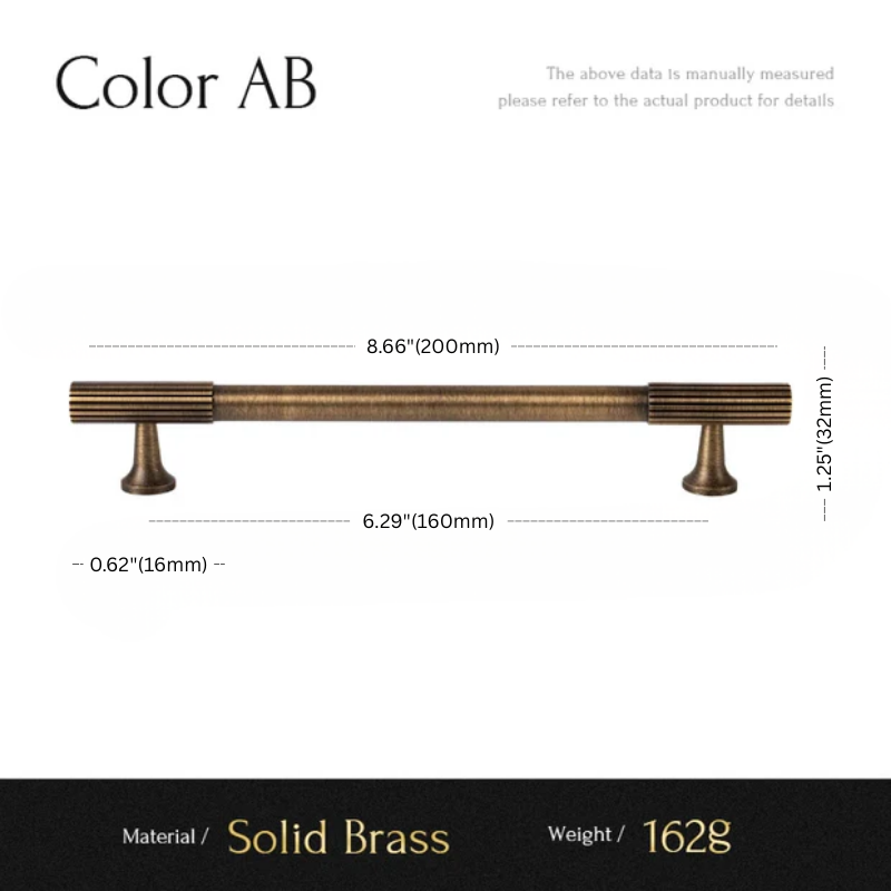 Measurement chart of a solid brass cabinet handle with dimensions and material details.