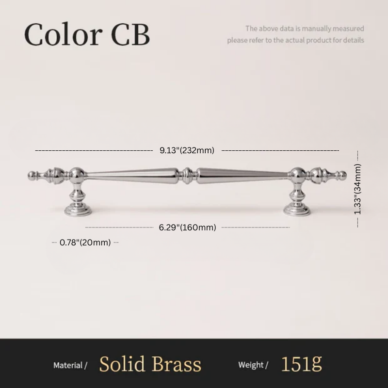 Measurement chart of a solid brass curtain rod with dimensions and material details.