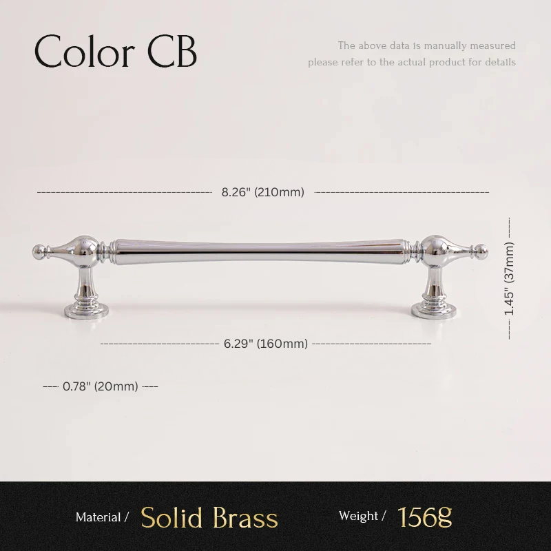 Measurement chart for a solid brass cabinet handle with dimensions and material details.