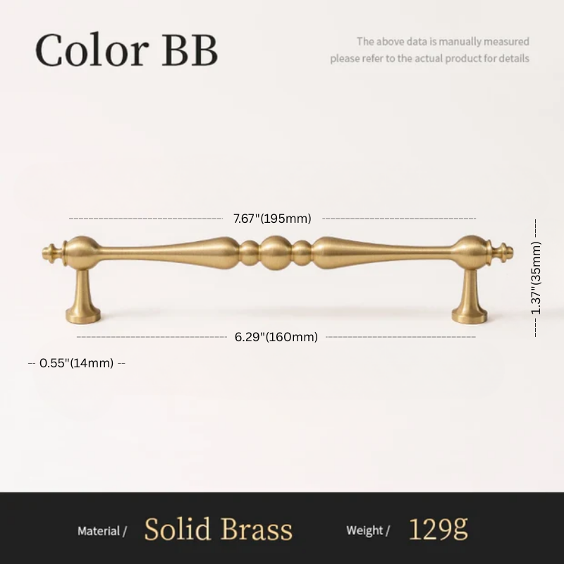 Solid brass cabinet handle with dimensions and material details on a white background