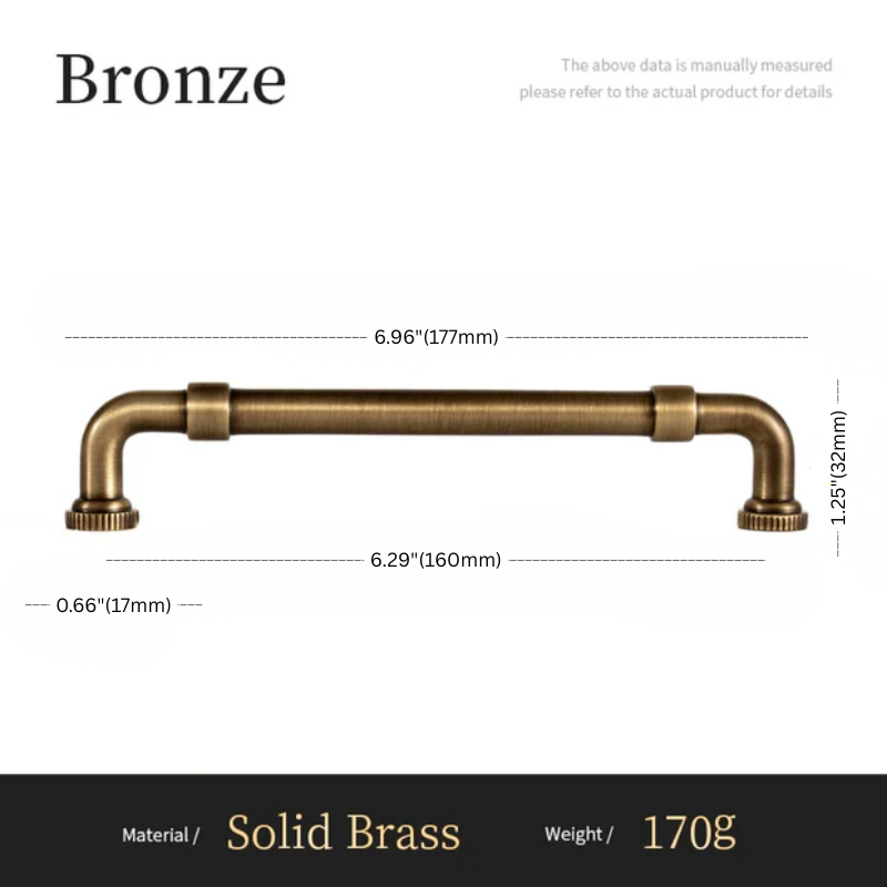 Bronze cabinet handle with dimensions and material details on a white background
