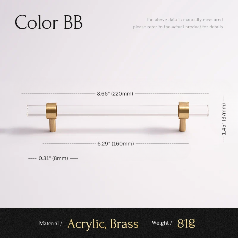 Measurement chart for an acrylic and brass product with dimensions and material details.